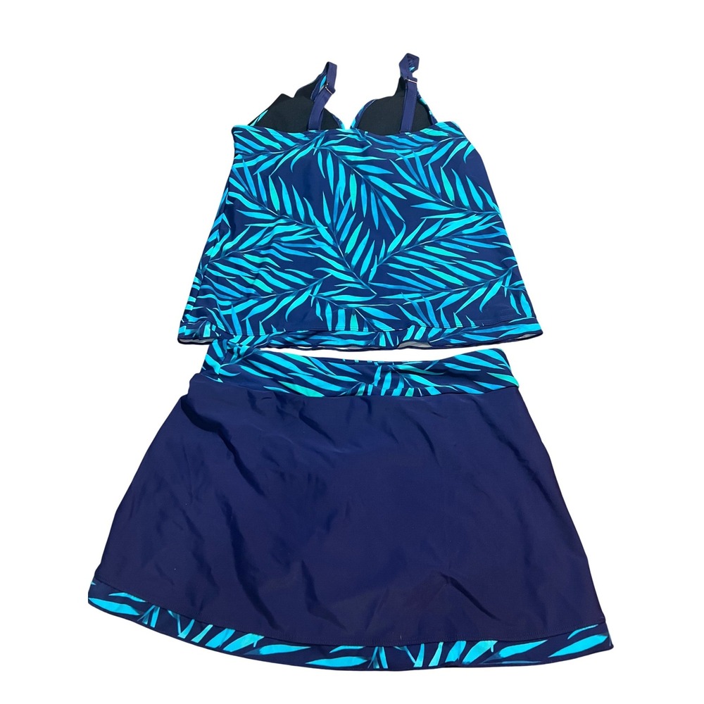 Rekita Womens Tropical Palm Leaf Tankini Set Navy Teal Swim Skirt Medium NEW - Picture 3 of 9
